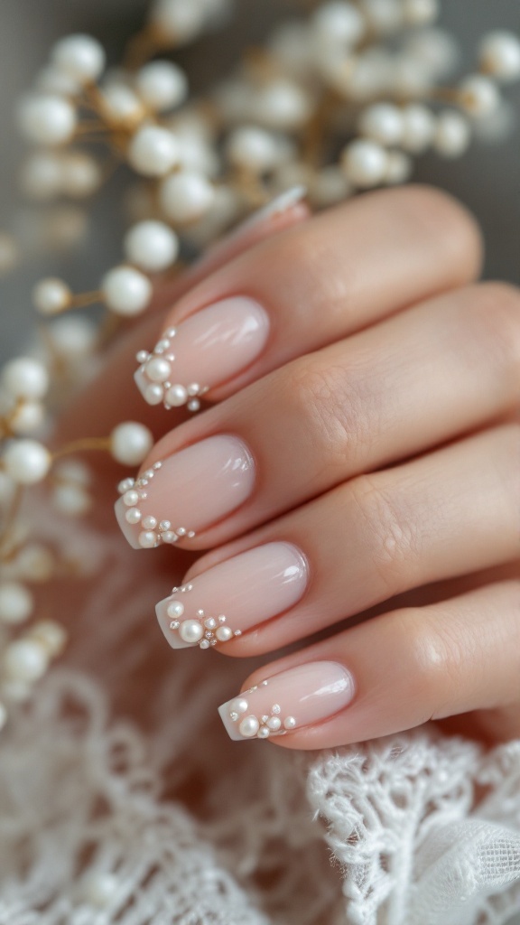 Nude wedding nails decorated with pearl embellishments, showcasing elegance and simplicity.