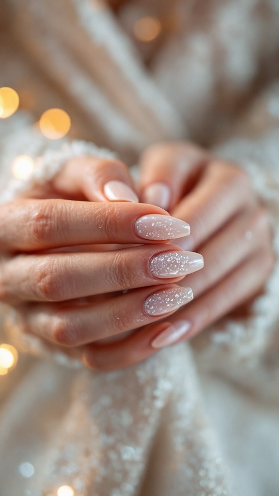 Close-up of bride's nails with a pearlescent finish and delicate embellishments