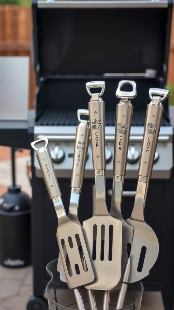 A personalized BBQ grill set with various utensils, including a spatula and tongs, displayed in front of a grill.