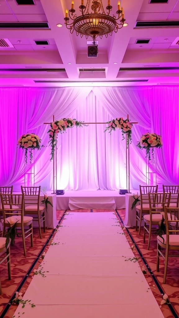 Elegant wedding ceremony backdrop with pink and white draping, floral arrangements, and golden chairs.