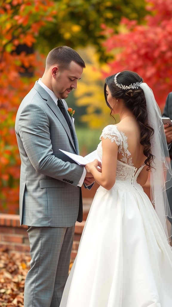 Couple exchanging vows during an outdoor wedding ceremony surrounded by autumn foliage.