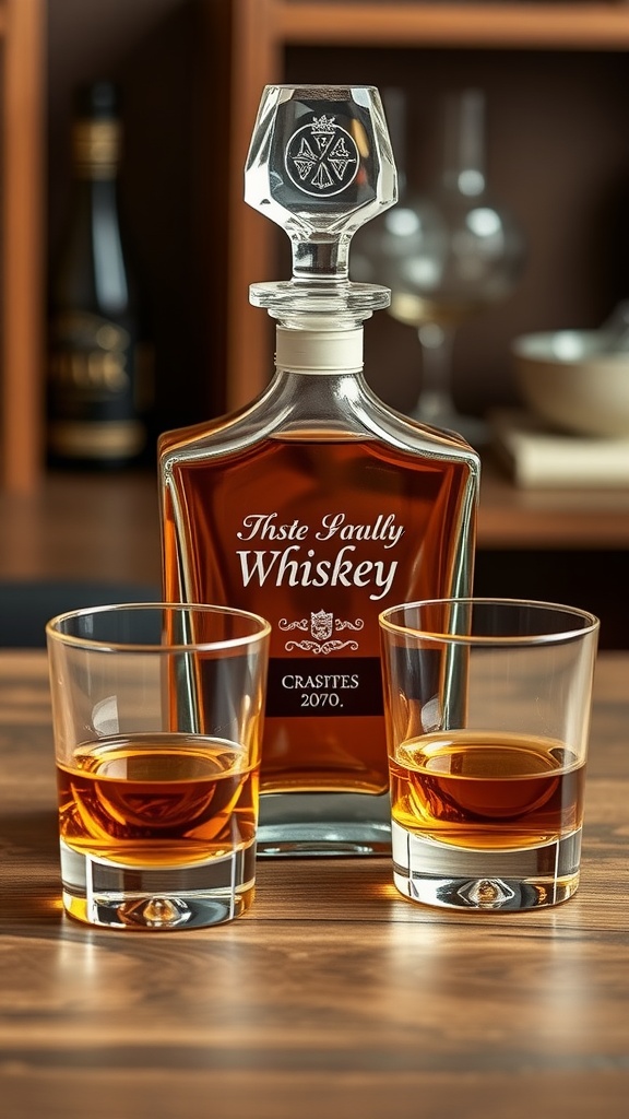 Personalized engraved whiskey decanter with two glasses of whiskey on a wooden surface