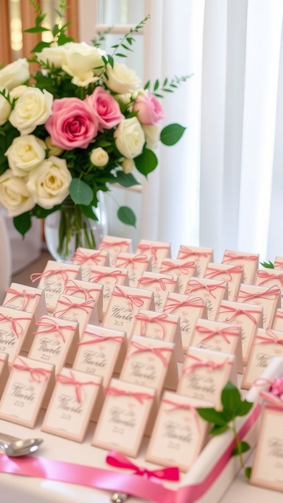 Wedding favor boxes with pink ribbons and a bouquet of roses in the background.