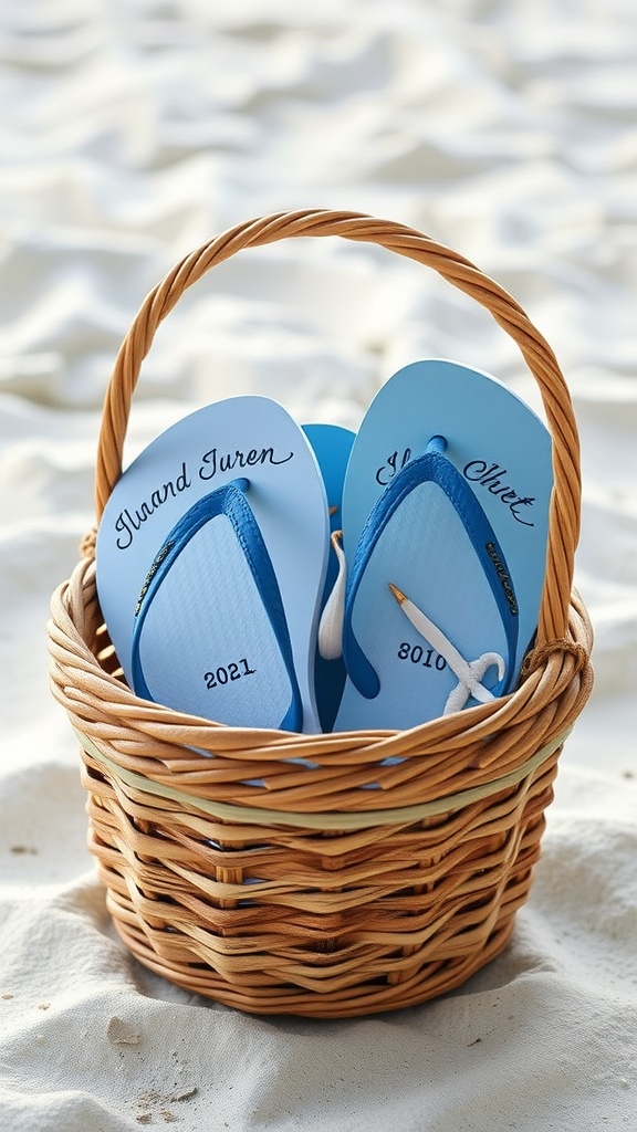 A basket of personalized blue flip flops for guests at a beach wedding reception.