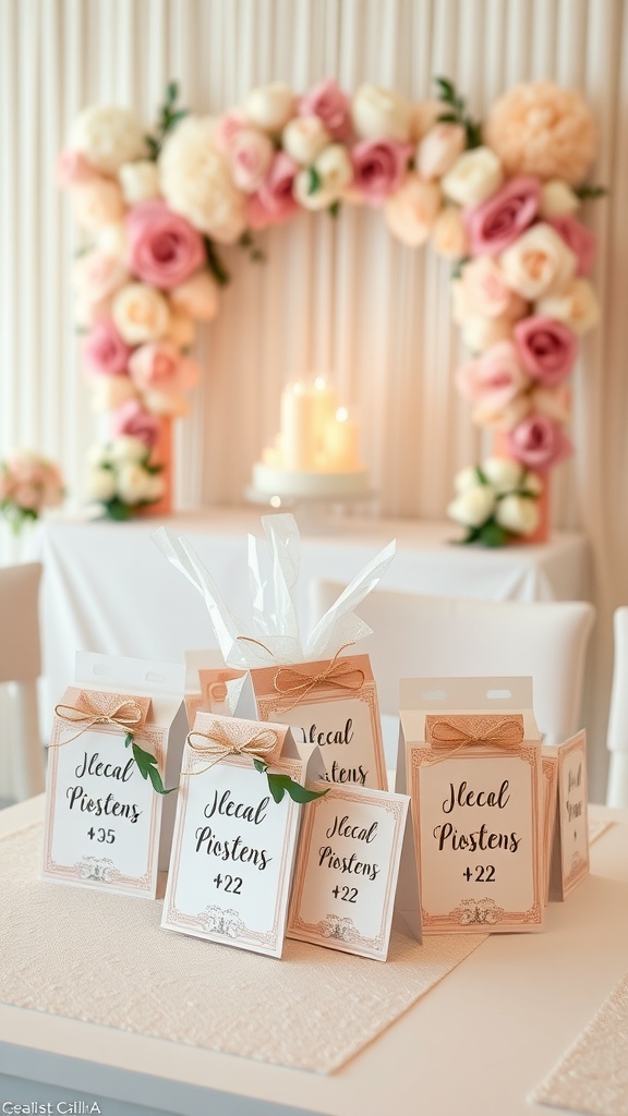 Elegant personalized guest favors at a wedding reception.