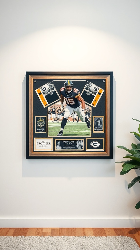 Framed personalized sports memorabilia featuring a football player and team items.