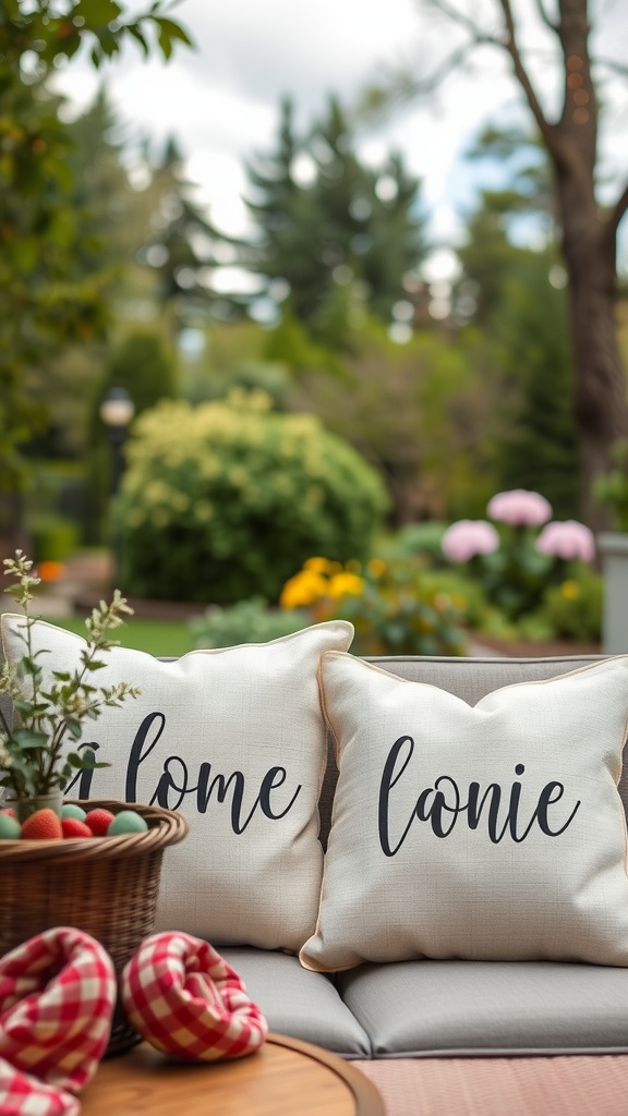 Two personalized throw pillows on a couch in a garden setting
