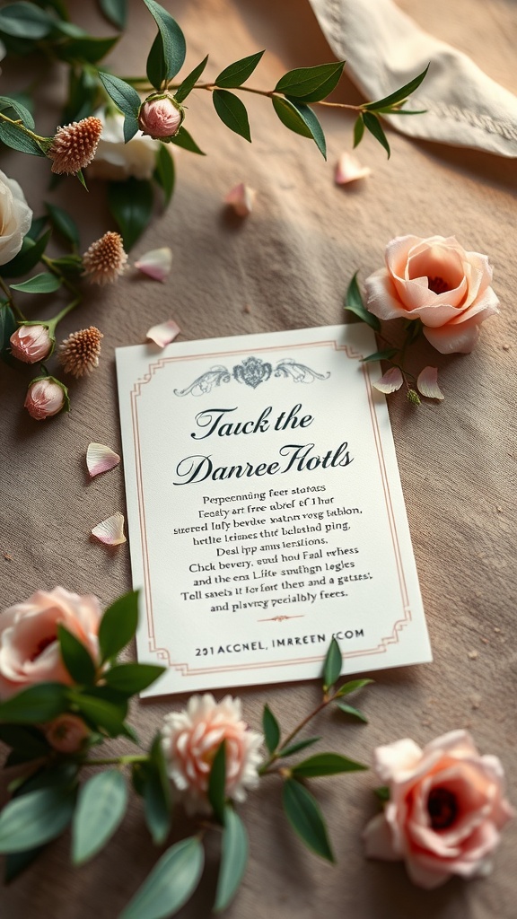 A personalized wedding invitation with flowers around it