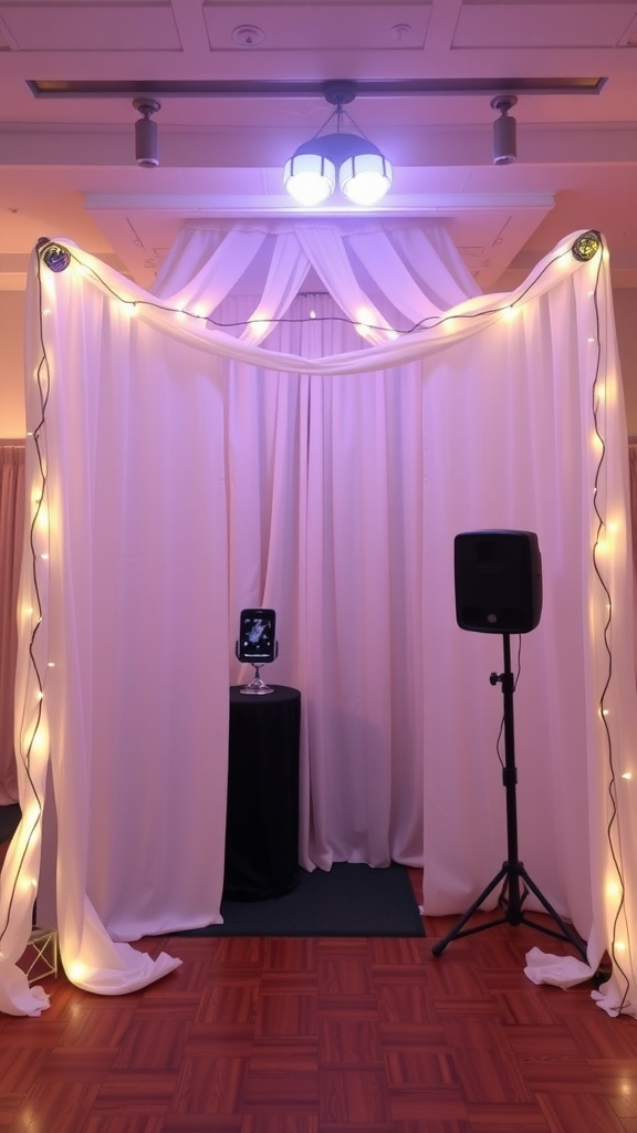 A cozy photo booth backdrop with white fabric draped elegantly and warm string lights, featuring a small table and a speaker.