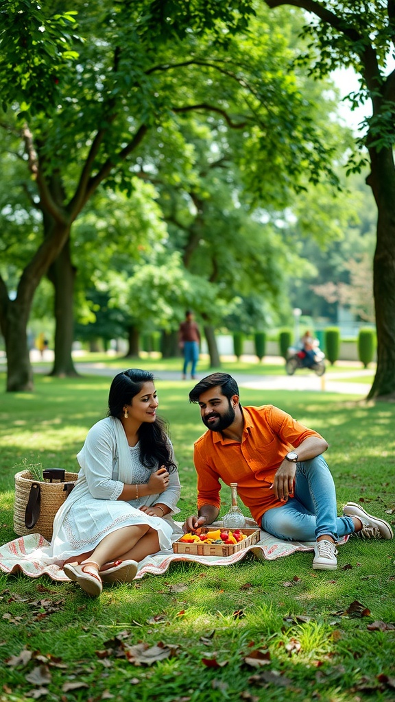 A couple enjoying a picnic in a scenic park, sitting on a blanket with fruits and a wicker basket.