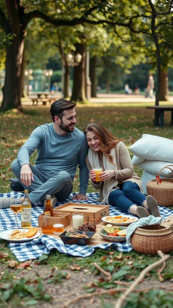 A couple enjoying a picnic in the park with snacks and drinks.