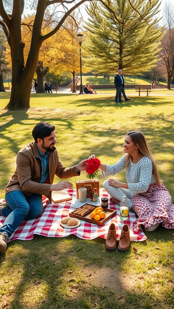 A couple enjoying a picnic in a park, surrounded by snacks and flowers.