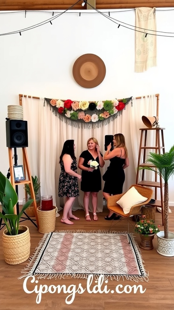 A cozy boho-themed photo booth setup at a bridal shower with floral backdrop and friends posing.