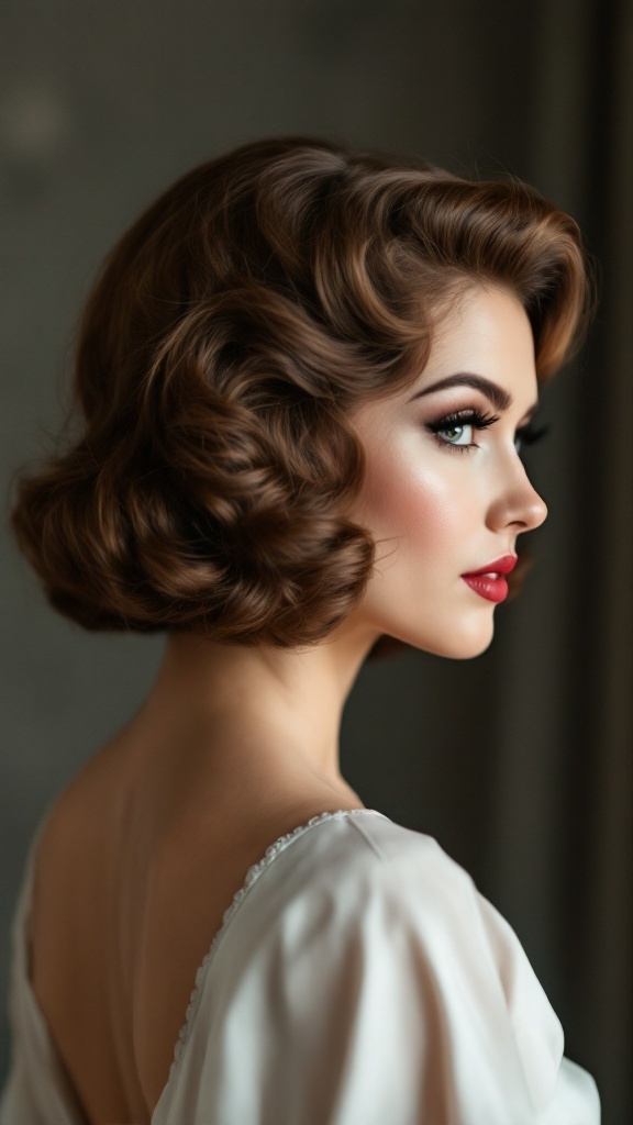 A woman with a pin-up style bob hairstyle featuring victory rolls, showcasing elegant curls and a bold red lip.