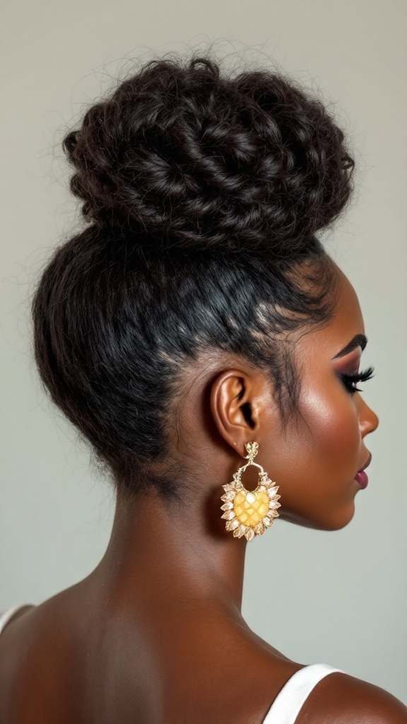 Close-up of a woman with a pineapple updo hairstyle and statement earrings.