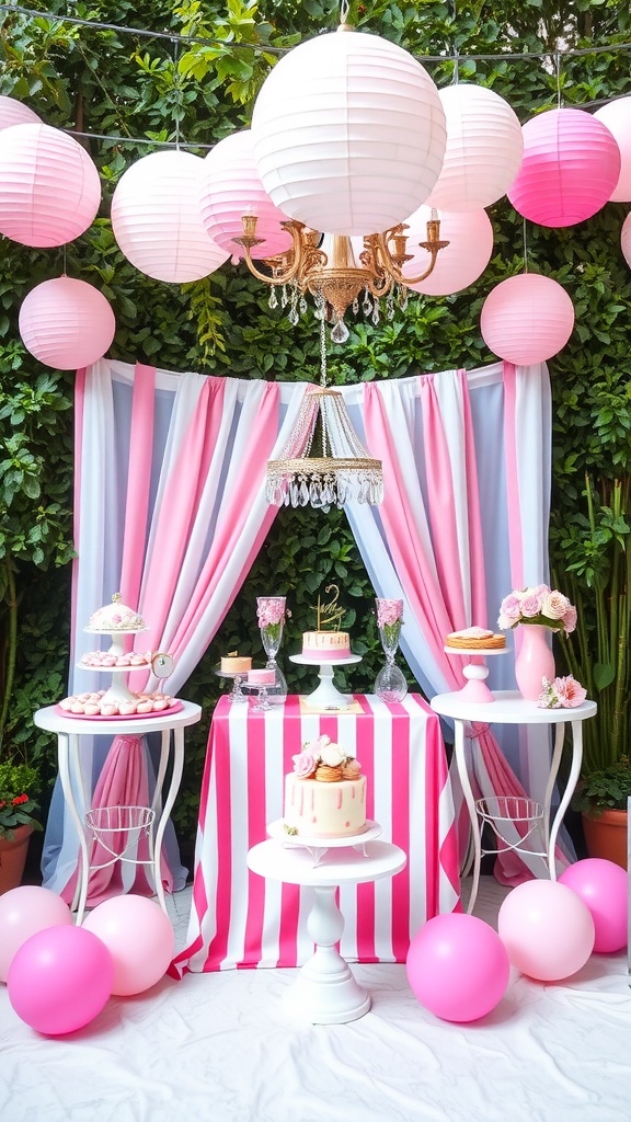 Bridal shower setup with pink and white stripes featuring cakes, lanterns, and balloons