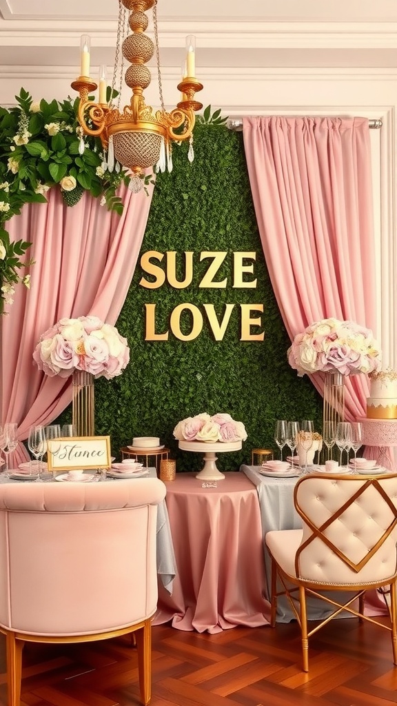 A beautifully decorated bridal shower setup featuring pink decor, a lush green backdrop, and gold accents.
