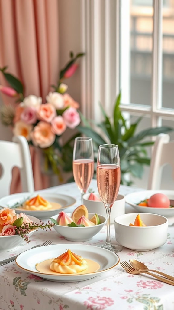 A beautifully arranged brunch table featuring pink champagne, creamy desserts, and fresh flowers.