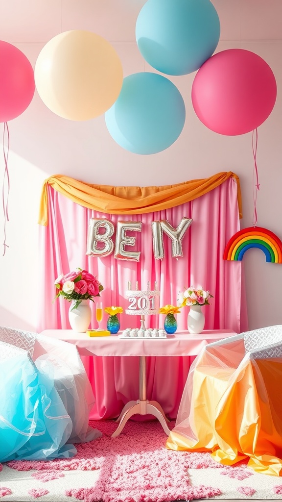 Decorative bridal shower setup with pink and rainbow elements, featuring balloons, flowers, and a cake.