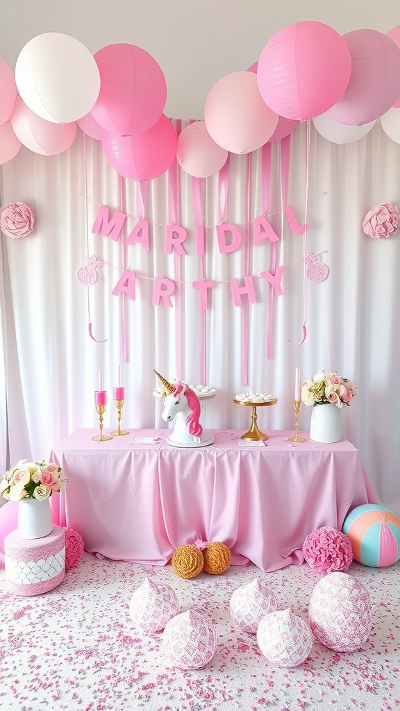 A whimsical bridal shower setup featuring pink and white balloons, a unicorn cake, pink drinks, and decorative flowers.