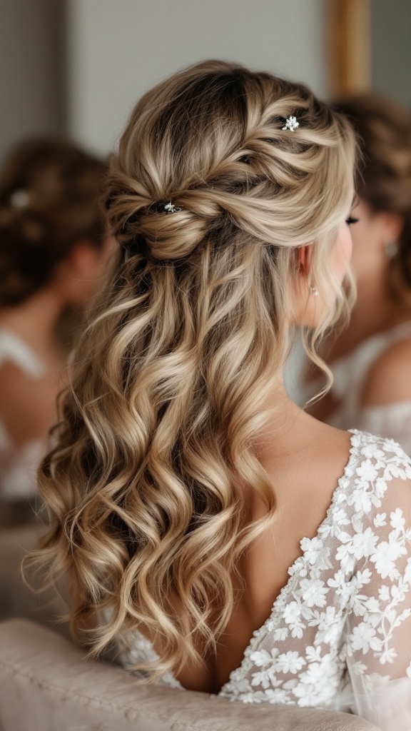 Pinned back curls with soft waves hairstyle for bridesmaids
