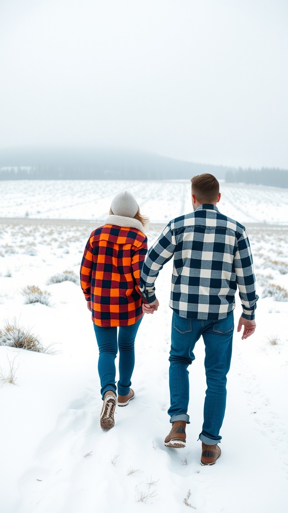 A couple walking hand-in-hand in plaid flannel shirts in a snowy landscape.