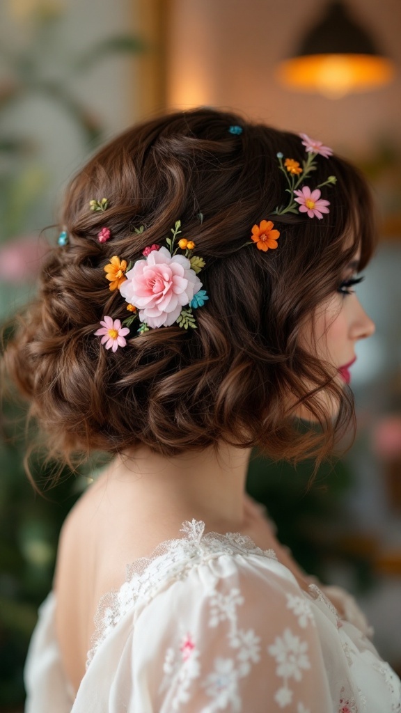 A side view of a woman with a playful curly bob hairstyle adorned with colorful floral accessories.