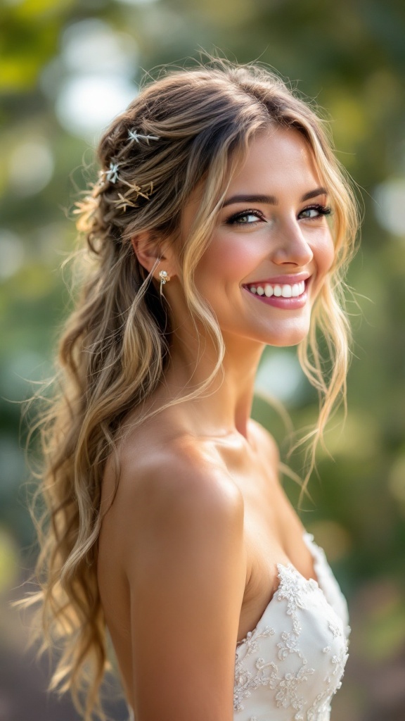 A smiling bride with loose waves and playful hairpins in her hair, wearing a strapless wedding dress.