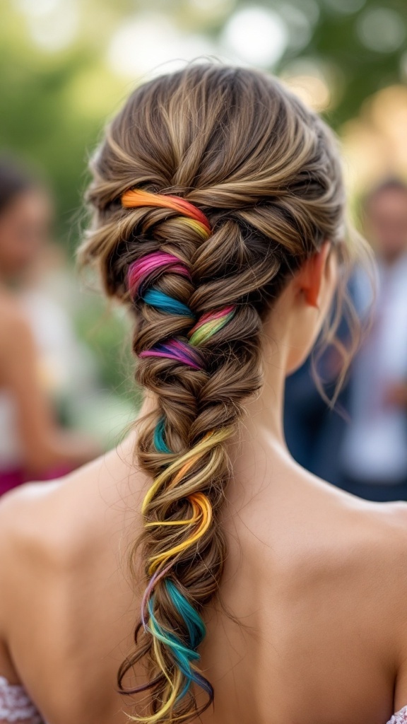 A playful half-up braid hairstyle with colorful hair ties.