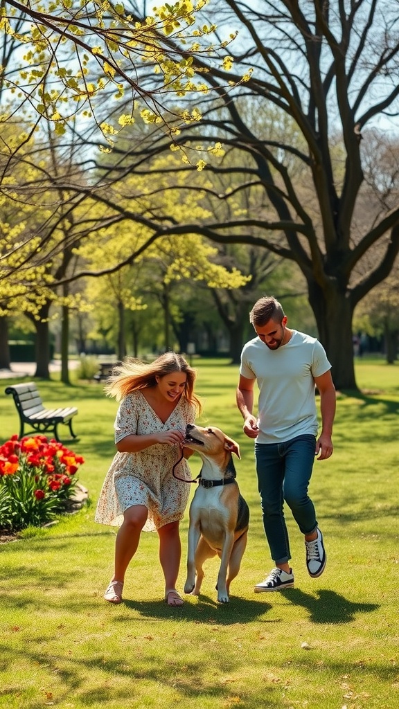 A couple joyfully walking their dog in a park filled with blooming flowers and greenery.
