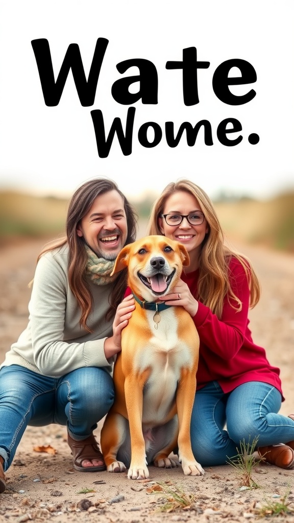 A couple joyfully poses with their dog for an engagement photo in a natural setting.