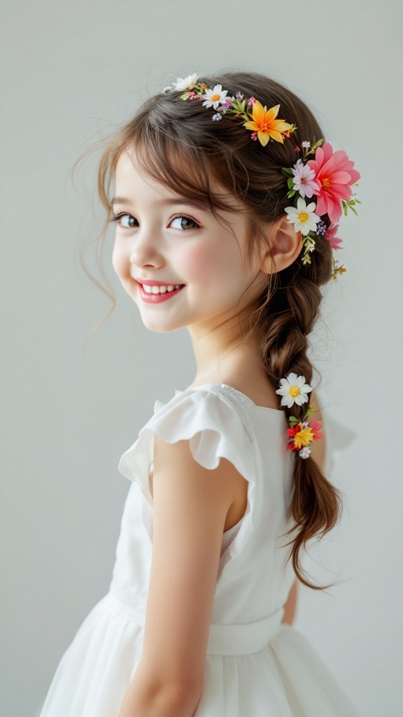 A little girl smiling with a side braid decorated with colorful flowers.