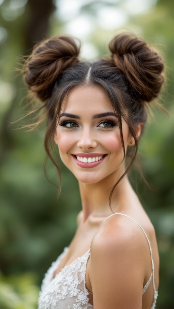 A bride with playful space buns smiles brightly, showcasing her wedding hairstyle surrounded by greenery.