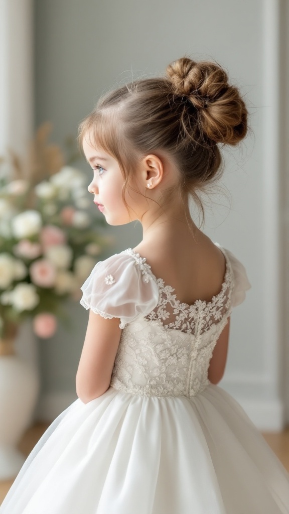 A little girl wearing a beautiful dress with playful space buns hairstyle, showing the back view.