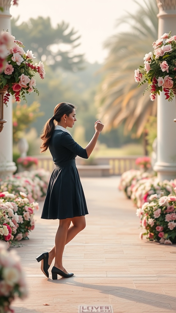A woman elegantly dancing in a floral setting, embodying romance and grace.