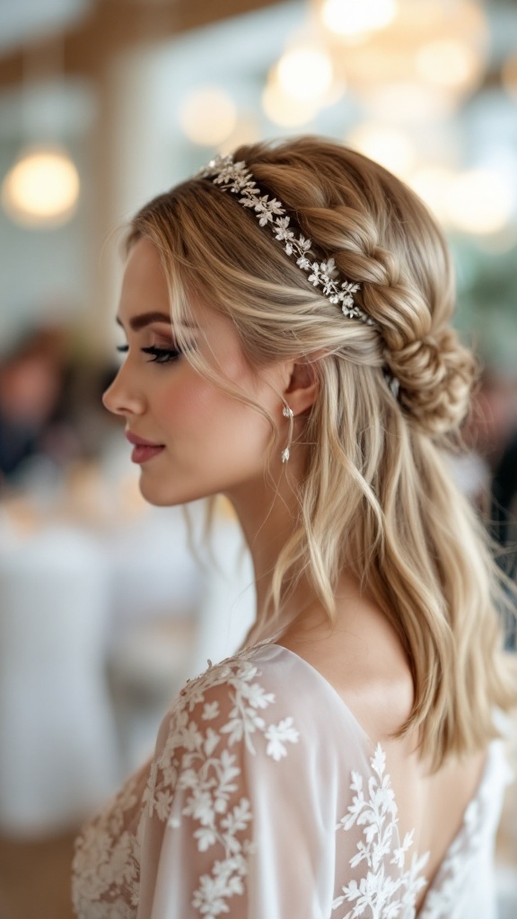 A side view of a woman with medium-length polished straight hair, adorned with a floral headband, showcasing an elegant bridesmaid hairstyle.