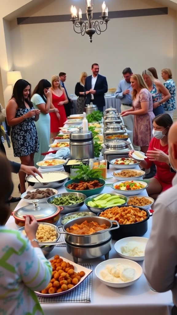 A potluck reception with a buffet table filled with various homemade dishes and guests enjoying the food.