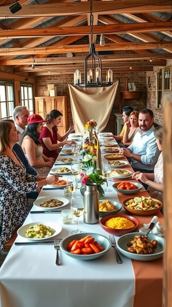 Guests enjoying a potluck style meal together at a long table filled with various dishes in a rustic setting.