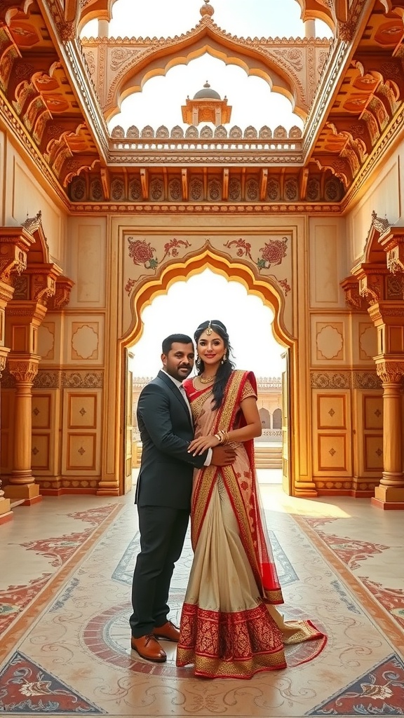 A couple in traditional attire poses in a lavish fort, showcasing elegance and romance.