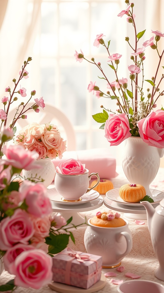 A beautifully arranged tea party table featuring pink roses, pastries, and delicate teacups.