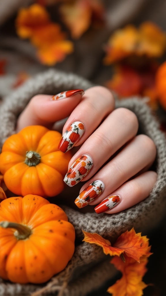 A close-up of pumpkin spice themed nail art on a hand, surrounded by small pumpkins and autumn leaves.