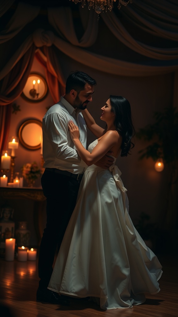 Couple dancing closely in a romantic setting, surrounded by candles.