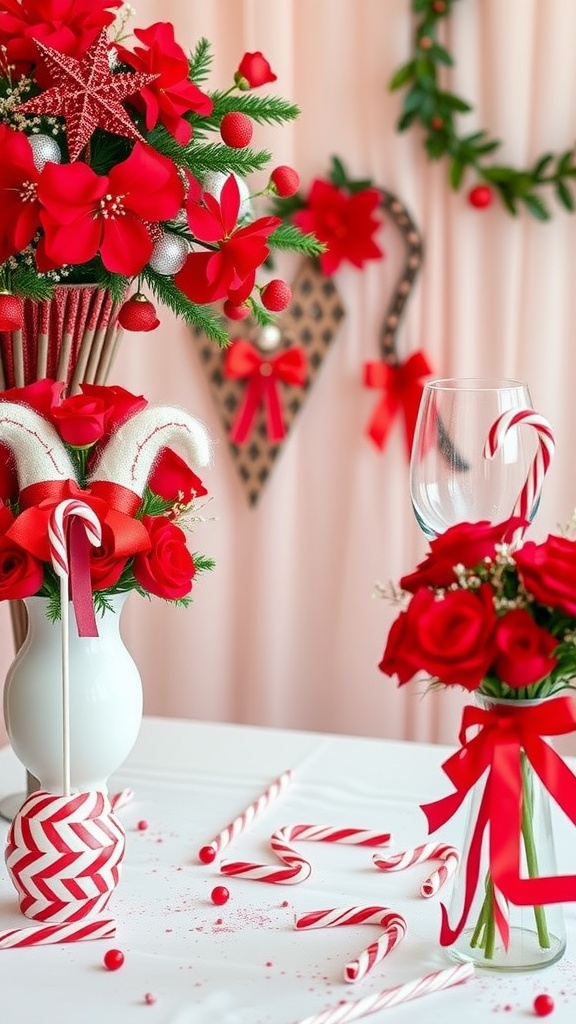 Decorative setup for a winter bridal shower featuring red flowers, candy canes, and festive decorations.