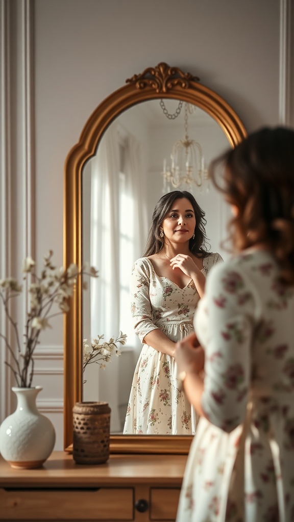 A woman looking at her reflection in a mirror, dressed in a floral dress, with a cozy studio setup.