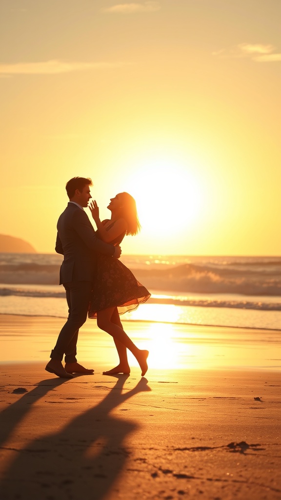 Couple dancing on the beach during sunset