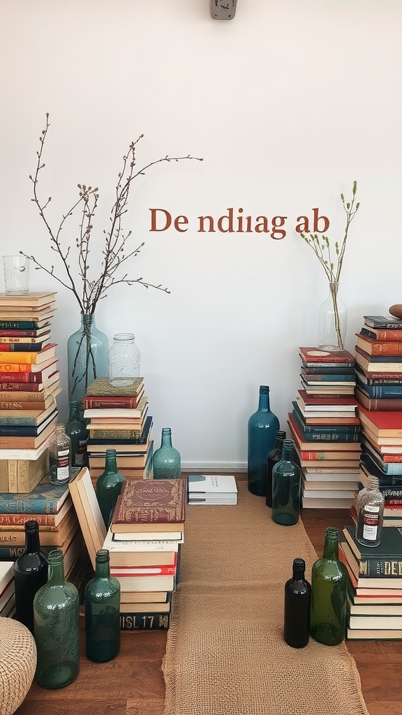 Decorative setup featuring stacked books and colorful glass bottles.