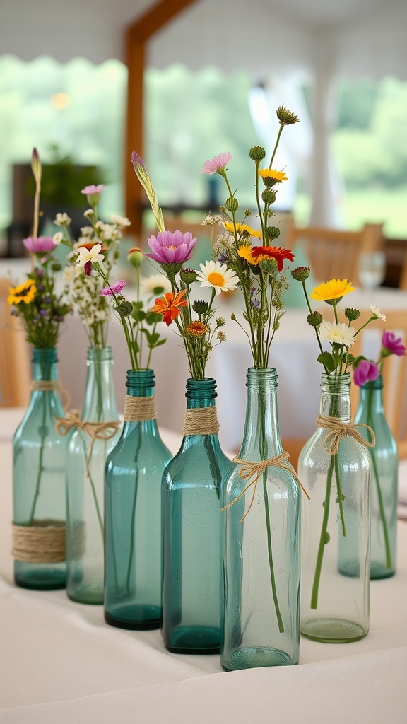 A collection of repurposed teal glass bottles with wildflowers arranged on a table, showcasing rustic wedding decorations.