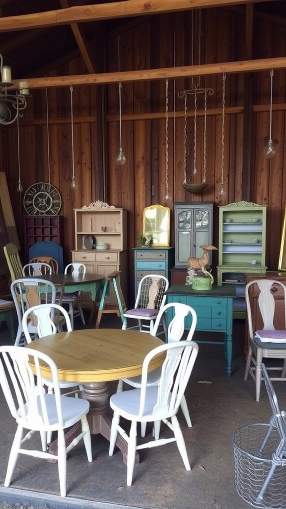 A display of vintage furniture including colorful chairs and tables in a barn setting.