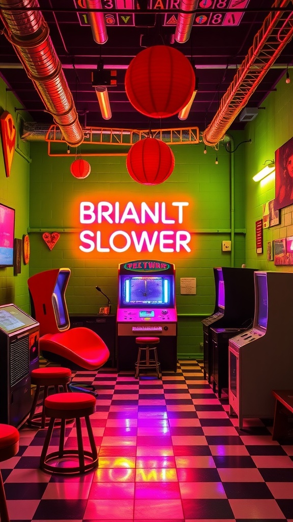 A vibrant retro 80s themed room with arcade machines, neon lights, and a colorful checkered floor.