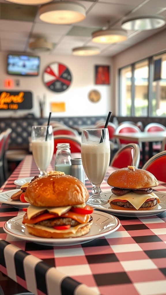 A retro diner scene featuring delicious burgers and milkshakes on a checkered tablecloth.